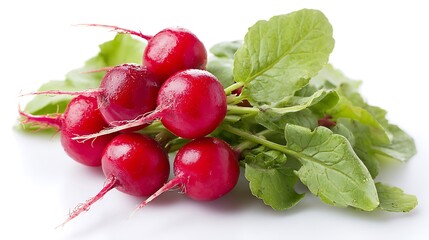 A close up view of fresh radishes with green leaves on a white background surface