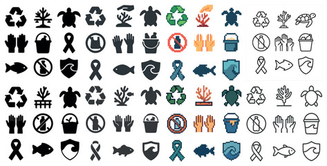 Recycling awareness icon set – solid, filled, environment and conservation symbols