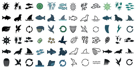 Naklejka premium Marine life icons set – outline, linear, aquatic and ocean symbols for projects