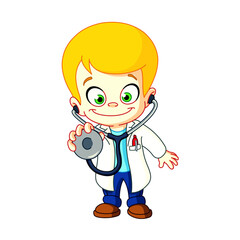 Little boy dressed as a smiling cartoon doctor holding a stethoscope illustration