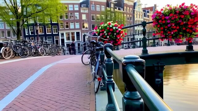 Scenic Amsterdam canal bridge with colorful flowers at golden hour, peaceful travel view