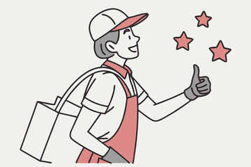 Deliveryman character in uniform gives a thumbs up with a smile, ensuring customer satisfaction and efficiency in modern flat illustration style.