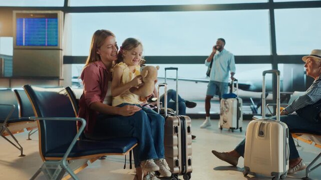 A diverse group of travelers awaits their flights in a light-filled airport terminal, with families, individuals, and luggage visible.
