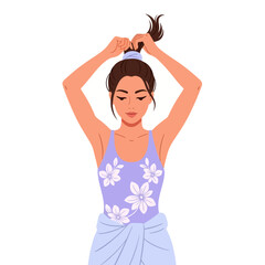 Brunette Woman Tying Hair Up in Ponytail with Blue Scrunchie on White Background