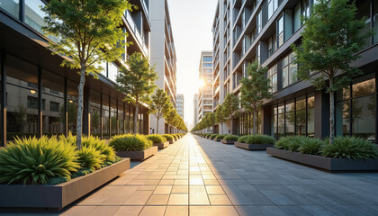 Urban modern architecture with lush greenery and sunset light in a vibrant city street