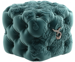 Elegant teal tufted ottoman with ornate floral embroidery and gold accent isolated on transparent background