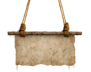 Vintage hanging shop sign blank parchment paper rustic wooden stick rough rope isolated on transparency background textured aged empty retro antique style