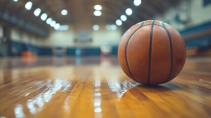 Close-up of a basketball on a wooden indoor court with bright overhead lighting and a blurred background, ready for game action