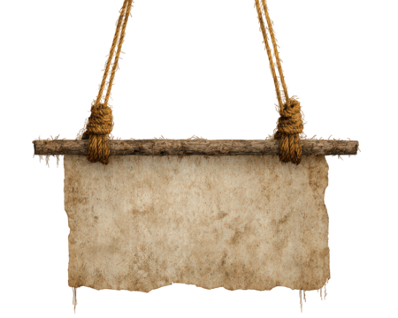 Vintage hanging shop sign blank parchment paper rustic wooden stick rough rope isolated on transparency background textured aged empty retro antique style