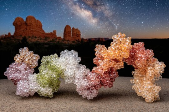 Colorful, 3D model of a DNA helix set against a starry night sky and desert rock formations