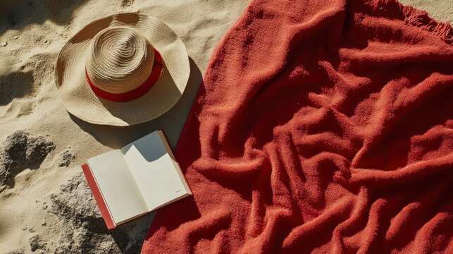 Red towel on beach and book with summer hat