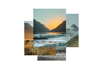 Collage of majestic mountain landscapes at sunrise and sunset isolated on transparent background