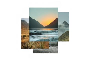 Collage of majestic mountain landscapes at sunrise and sunset isolated on transparent background