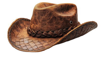 Decorative leather hat with western silhouette and finely detailed braided accent for cowboy themes on transparent background