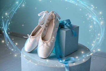 Ballet slippers adorned with ribbon on a pedestal with sparkles