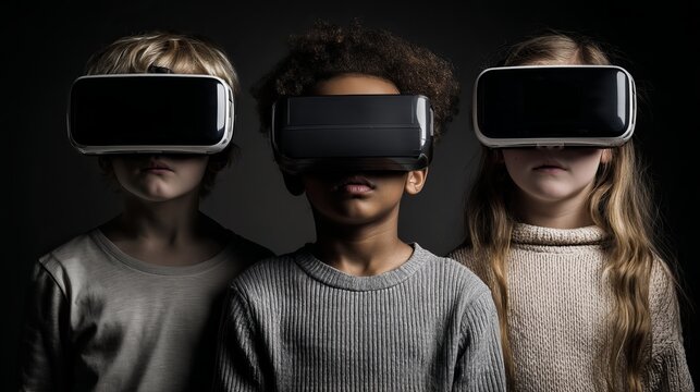Virtual Reality Experience: Three People Immersed in VR Headset Technology - Powered by Adobe