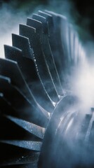 Hyper-Detailed Close-Up of a Turbine Blade with Steam and Water Droplets
