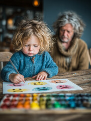 Fototapeta premium Child drawing simple emotional faces (happy, sad, angry) on paper, emotional intelligence concept for kids 