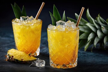 Fototapeta premium Two glasses of cold pineapple cocktail are garnished with ice, straws, and pineapple leaves, creating a vibrant and tropical refreshment