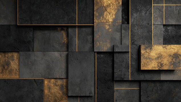 Abstract geometric wall, dark gray and gold squares