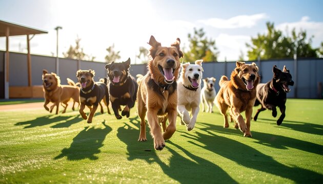 Happy dogs running outdoors