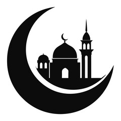 Crescent moon with mosque clean black silhouette vector 