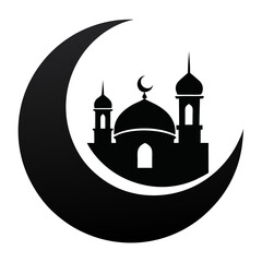 Crescent moon with mosque clean black silhouette vector 