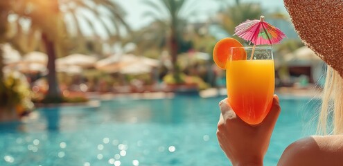 Woman with straw hat holding a glass of orange juice with a cocktail umbrella by the poolside of a luxury resort