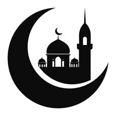 Crescent moon with mosque clean black silhouette vector 