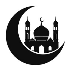 Crescent moon with mosque clean black silhouette vector 