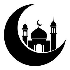 Crescent moon with mosque clean black silhouette vector 