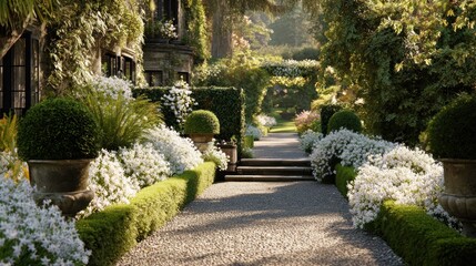 Obraz premium Elegant garden path lined with white flowers and hedges