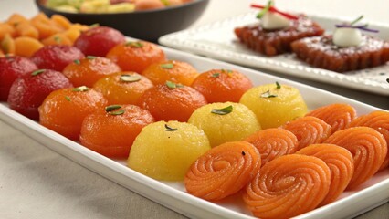 Assorted Indian mithai gulab jamun jalebi closeup