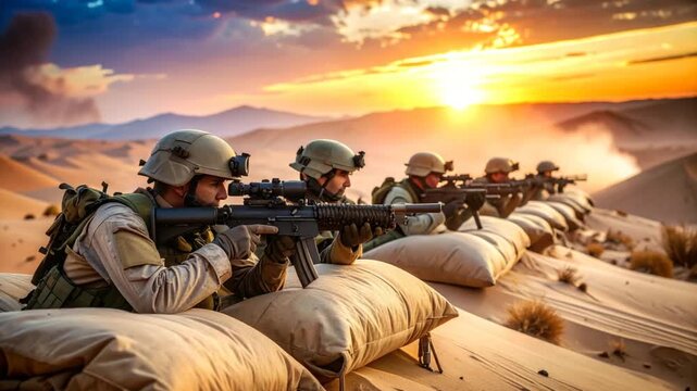 Desert Warfare: Elite Soldiers in Fiery Sunset Ambush