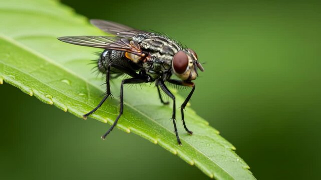 Macro shot of a housefly with prominent compound eyes resting on a fresh green leaf, outdoor nature