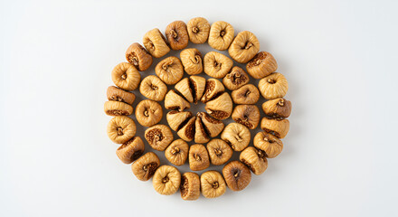 Top-down view of dried figs stacked in spiral, clean white backdrop