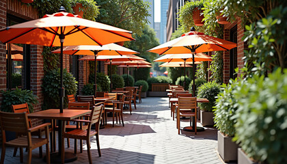 Charming outdoor cafe with orange umbrellas and greenery in a vibrant city setting
