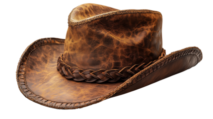 Decorative leather hat with western silhouette and finely detailed braided accent for cowboy themes on transparent background