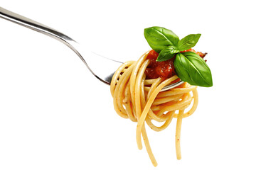 Close-up of a fork holding delicious spaghetti with marinara sauce and fresh basil leaves, ready to be enjoyed as a satisfying meal.