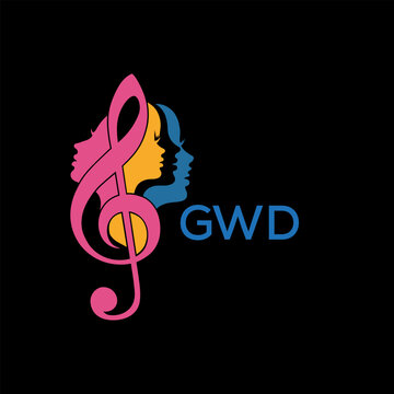 GWD Colorful Music Logo with Female Silhouettes and Treble Clef, GWD  Later Logo, Creative Women&rsquo;s Face Profiles in Musical Design, Modern Artistic Treble Clef with Feminine Silhouettes.
