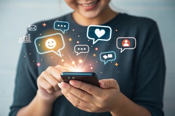 Person using smartphone with social media notifications and icons