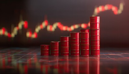 Red oil barrels stacked in a rising pattern against a stock market graph