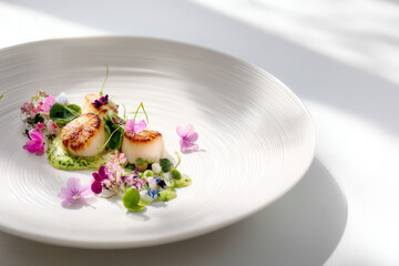 Seared scallops with floral garnish and pea puree, a fine dining presentation.