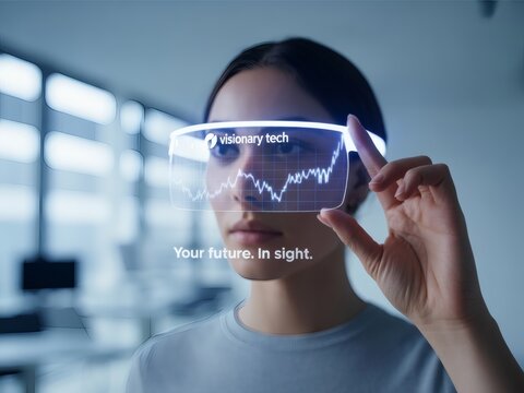 Photo of a woman is using augmented reality glasses to view a data chart for future insights - Powered by Adobe