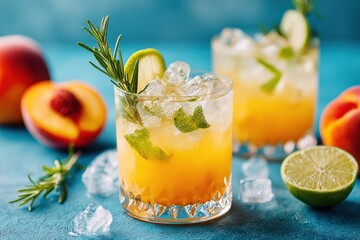Fototapeta premium Two glasses with refreshing peach and mango cocktail, decorated with rosemary and lime, served with ice on a blue background