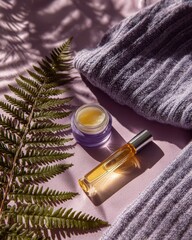 Relaxing nighttime skincare setup with purple mask and lavender serum on soft background, ideal for beauty blog posts and social media content.