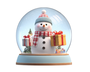 Snowman snow globe present winter holiday Christmas festive gift decoration cheerful snowy scene pine tree red scarf blue hat white joyful seasonal celebration ornament cute happy cold glass round