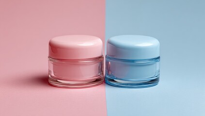 Two cosmetic jars, pink and blue, on a pink and blue background