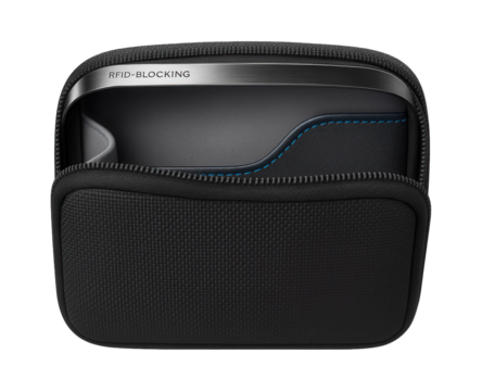 Slimline tech pouch with RFID-blocking material and dedicated power bank pocket