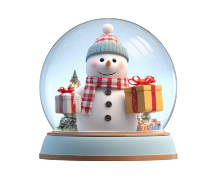 Snowman snow globe present winter holiday Christmas festive gift decoration cheerful snowy scene pine tree red scarf blue hat white joyful seasonal celebration ornament cute happy cold glass round